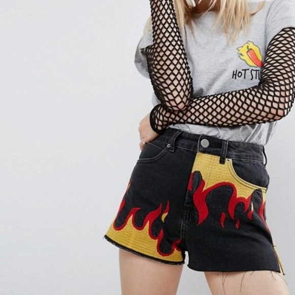 ASOS Denim Side Split Shorts With Flame Embroidery ASOS Denim Side Split Shorts With Flame Embroidery